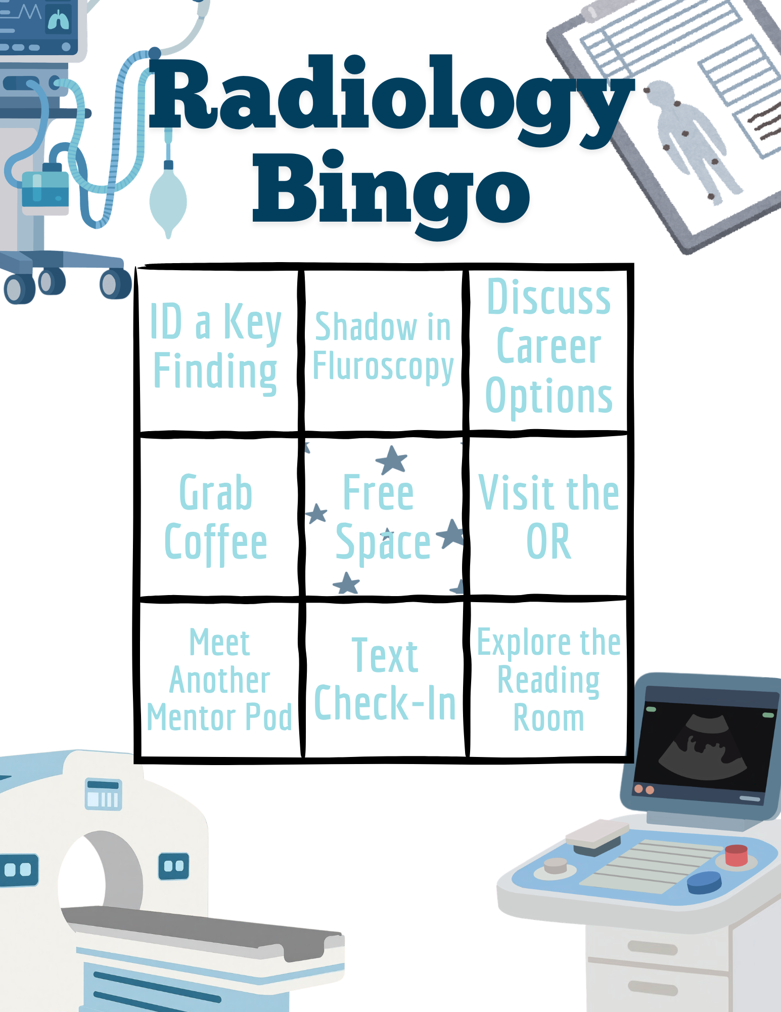 Radiology mentorship bingo card with squares like grab coffee, shadow in fluoroscopy, discuss career options, and visit the reading room